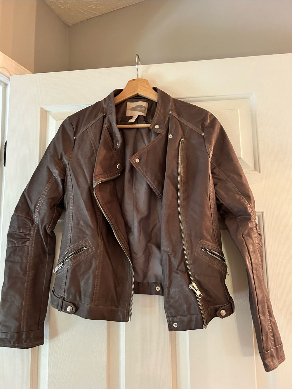 Forever 21 Grey Leather Moto Jacket with Asymmetric Zip